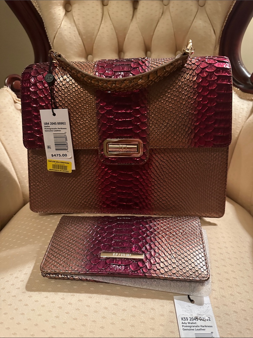 Effortless Python-Embossed Satchel & Wallet Set in Burgundy and Gold